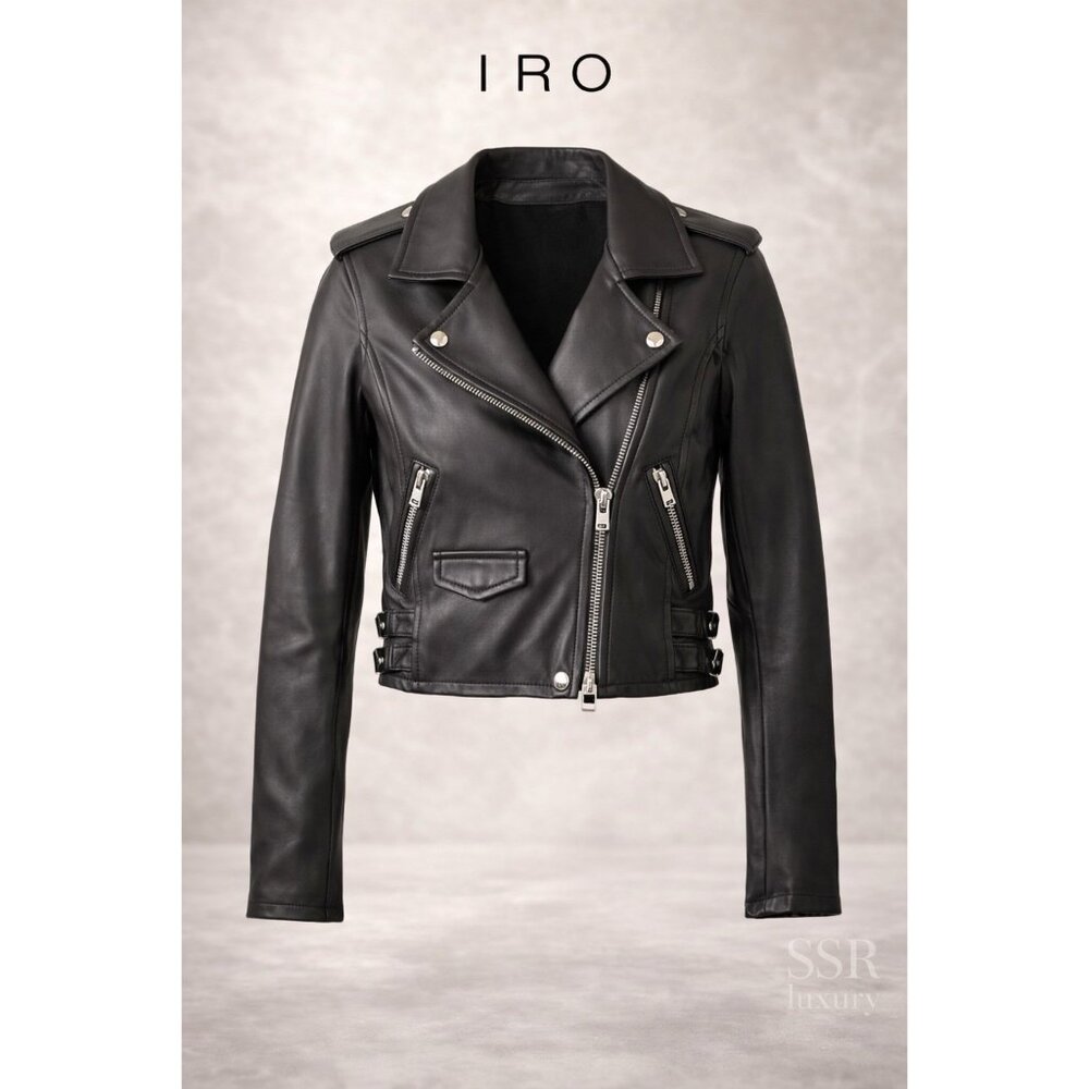 IRO Ashville Lamb Leather Moto Biker Jacket FR 34 XS Gray Zip Cropped
